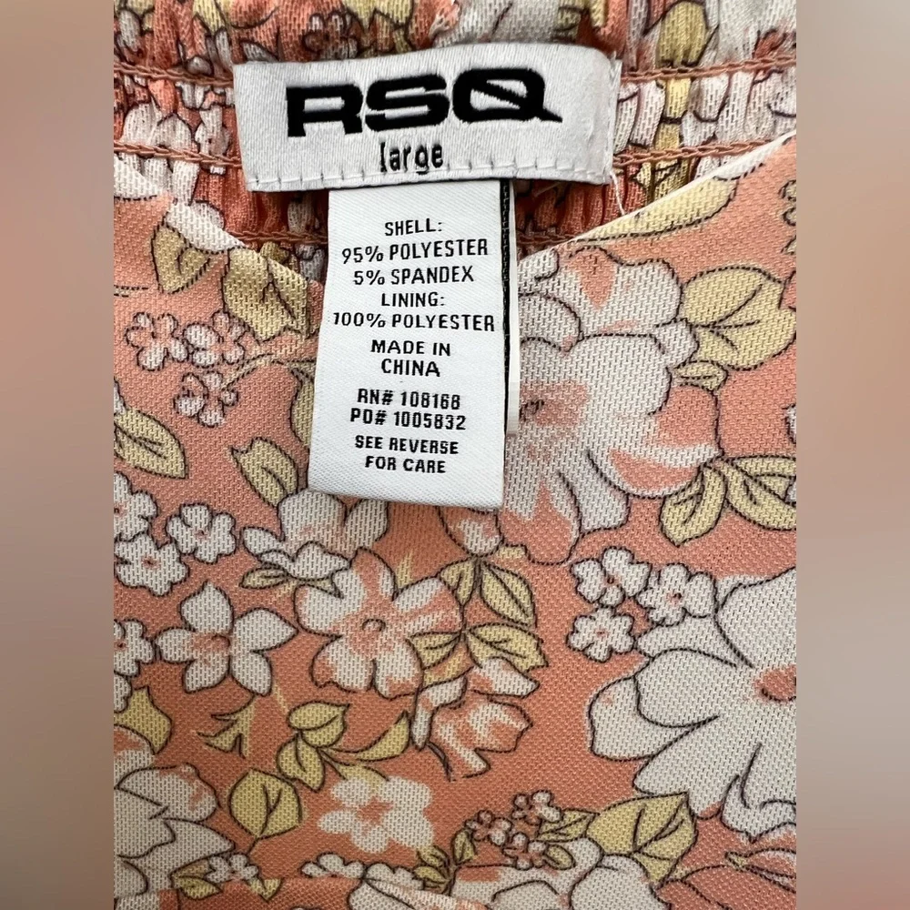 RSQ Floral Puff Sleeve Mini Dress Peach Pink Smocked Back Large
